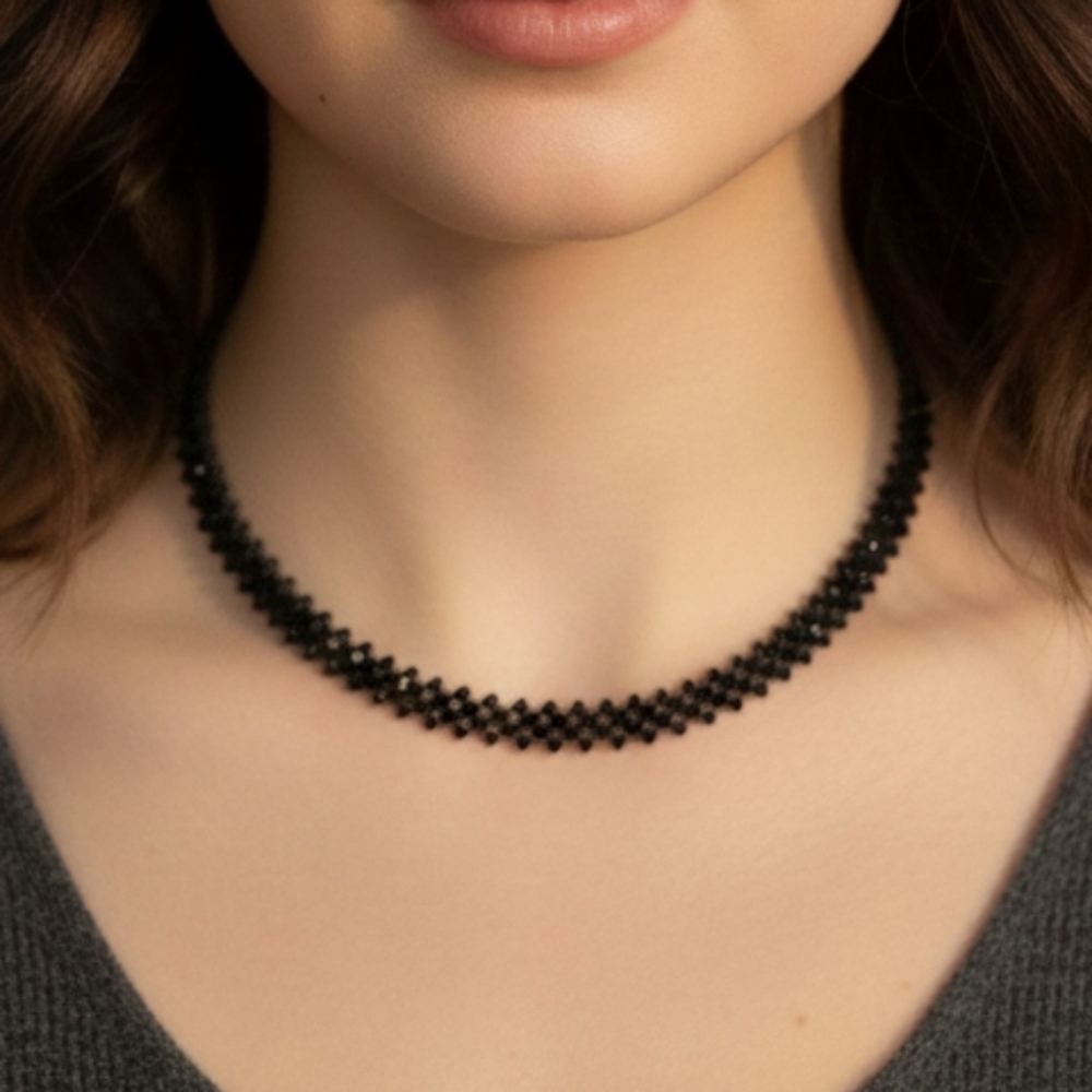🖤 Elegant Black Beaded Geometric Necklace New